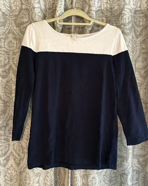 J.Crew Three-Quarter Sleeve White And Navy Blue T-Shirt thumbnail 1