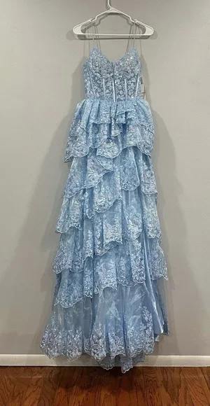 Jovani Prom Dress 38144 Light Blue Tiered Ball Gown with Slit Sz 0 NEW thumbnail 1
