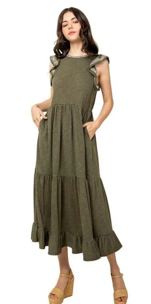 THML size small Flutter Sleeve Olive Dress thumbnail 2