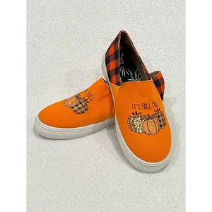 Orange Pumpkin “It’s Fall Y’all” Buffalo Plaid Canvas Slip On Sneakers Size 9.5 thumbnail 8