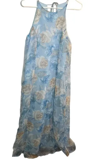 Vintage Express Tricot Women's Size XS Maxi Dress Light Blue Beige Floral thumbnail 1