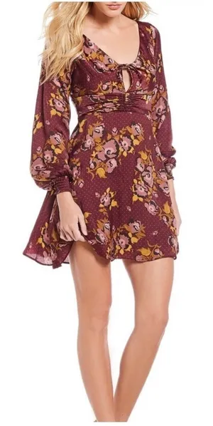 FREE PEOPLE Morning‎ Light Mini Dress Long Sleeve Floral Satin Purple Size 0 New thumbnail 1