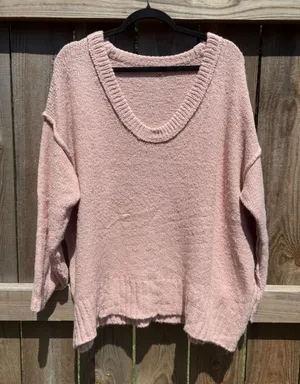 Pink V-Neck Oversized Knit Sweater Exposed Seam Pullover Medium thumbnail 1