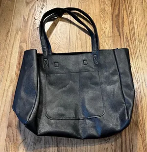 Black Pebbled Faux Leather Tote Bag Large Shoulder Carryall with Exterior Pocket thumbnail 1
