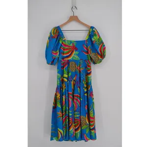 NEW Farm Rio Tropics Tiered Midi Dress XS Banana Print Puff Sleeve Empire Waist thumbnail 2