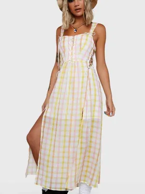 For Love & Lemons || Rue Check Corset Midi Dress thumbnail 3