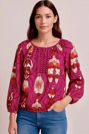 Tory Burch Silk Fuchsia Pink Beetle Print Pom-Pom Blouse thumbnail 1
