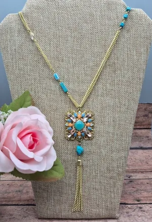 Gold Tone Multi Chain Long Pendant Necklace Tassel Accent Rhinestones 32" thumbnail 1
