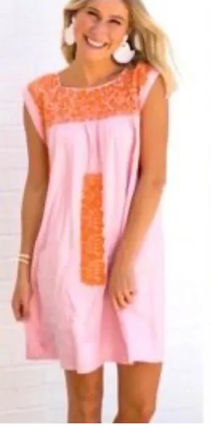 J.‎ Marie Embroidered Mini Dress Womens S Pink Orange Linen Blend Boho Summer thumbnail 1