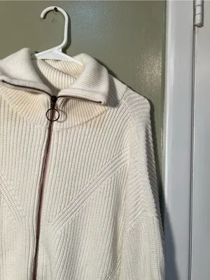 Lilla P Women’s Sz Large Zip Front Sweater in White Cream Gold Circle Zip Cotton thumbnail 5