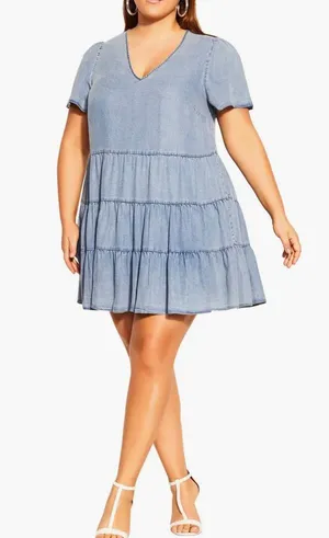 City Chic NWT - Tiered Denim Minidress Light Denim Casual Travel Chambray Comfort thumbnail 1