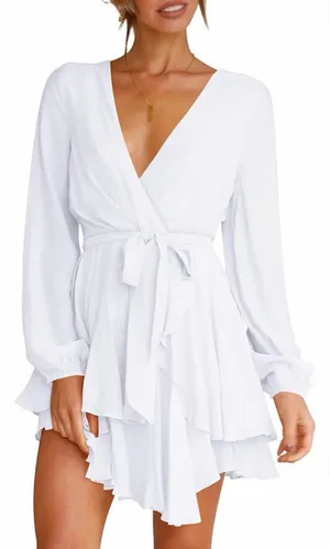 NEW Deep V-Neck Long Sleeve Belted Ruffle Mini Swing Dress S thumbnail 1