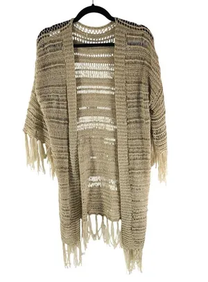 Womens Crochet Fringe Bohemian Cardigan Duster Open Front Beige L? thumbnail 1