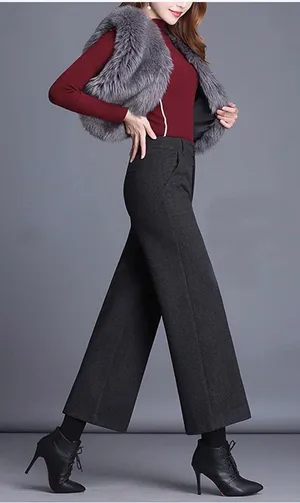 Tanming Women's Casual High Waist Trousers Wool Blend Cropped Wide Leg Pants thumbnail 1