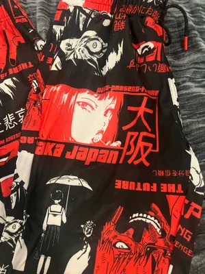 Anime Graphic Jogger Pants in Black & Red Size S thumbnail 4