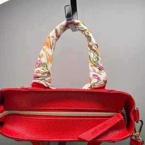 Red Pebbled Leather Tote Bag with Floral Scarf‎ Top Handle Detachable Strap thumbnail 3