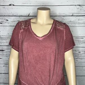Maurices 24/7 NWT Size 2 Washed Purple Crochet Lace Knot Hemline Knit Top Shirt thumbnail 2