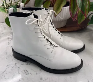 Sam Edelman Nina White Leather Lace Up Side Zip‎ Combat Boots Womens 9M 39 thumbnail 1