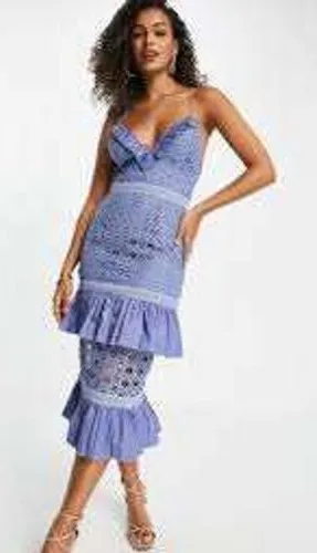 ASOS Blue Crochet Lace Mini Dress Ruffle Tiered Lace Up Open‎ Back Size 4 thumbnail 1