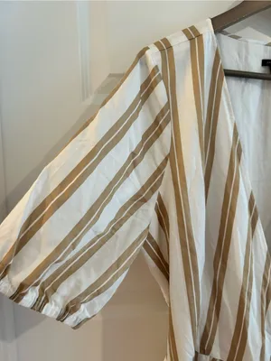 Ann Taylor Striped Wrap Dress Puff Sleeves Tan White Size XXL thumbnail 3