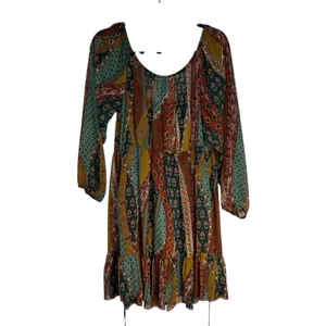 Pure Energy Boho Maxi Dress Patchwork Off‎ Long Sleeve Tiered Ruffle Size 2 thumbnail 4