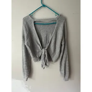 Hollister Women Gray Open Back Tie Knot Cropped Sweater XS Long Sleeve Textured thumbnail 2