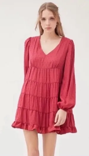 Urban Outfitters Red Wine Long Sleeve Tiered Textured Babydoll Dress Size Medium thumbnail 1