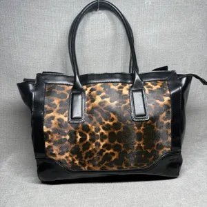 Merona Leopard Print Tote Bag Faux‎ Leather Black Animal Print Handbag Large thumbnail 1