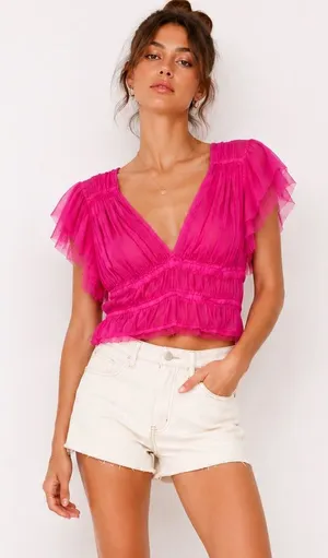 Free People Making Me Smile Top Fuchsia Pink Sheer Ruched Ruffle Cottagecore S thumbnail 1
