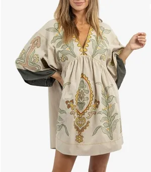Womens Oversized Embroidered Dress with V-Neck and 3/4 Sleeves Vintage Embroidery Babydoll Dress thumbnail 1