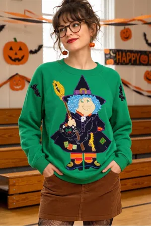 VINTAGE TULTEX Puff Paint Witch Sweater thumbnail 1