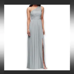 David’s Bridal One-Shoulder Lace Chiffon Gown – Misty Blue – Size 16 – NWT thumbnail 2