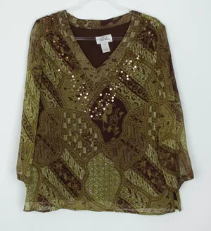 Bob Mackie Womens Art To Wear Silk V Neck Sequin Top‎ Size 14 3/4 Sleeve Office thumbnail 1