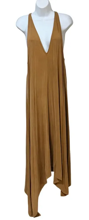 34°N 118°W Womens Camel Brown Deep V-Neck Handkerchief Hem Maxi Dress Size S thumbnail 1