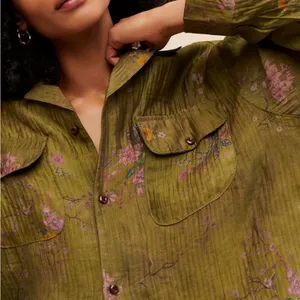 🌿 Trendy Free People Floral Moss Camp Shirt Top Greyed Olive Size: S (fits 6–8) thumbnail 5