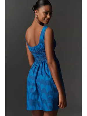 Anthropologie Maeve Blue Smocked Square Neck Mini Dress Size M thumbnail 3