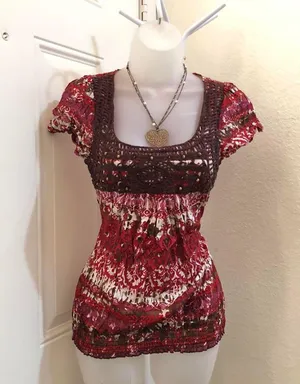Maurice's Y2K Fairy Boho Grunge Granola Whimsical Red pink black blouse shirt top crotchet beaded square neckline short sleeve #whimsygoth #gothic thumbnail 1