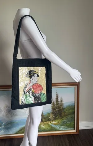 Vintage Black & Gold Geisha Print Quilted Tote Bag thumbnail 1