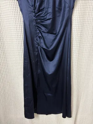 Petal + Pup Lisbeth Ruched Satin Midi Dress Navy Large NWT thumbnail 9