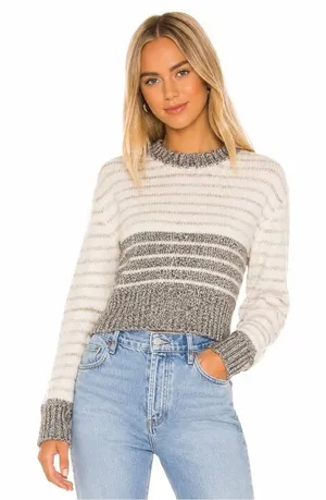 NEW Revolve Chaser Striped Gray Crewneck Chunky Thick Crop Knit Sweater Sz M thumbnail 1