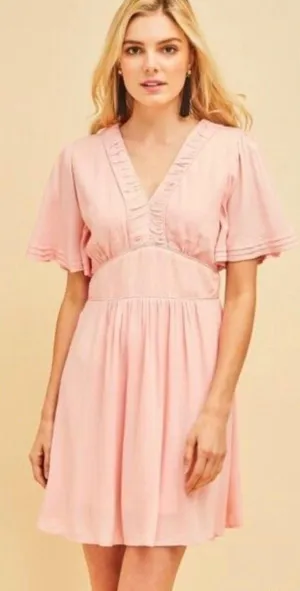 Entro NWT Pink Gauzy Pleated Flutter Sleeved Dress thumbnail 1