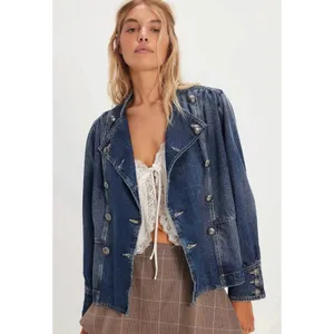Free People Imogene Denim Officer Jacket in Ensign Wash Large Military Denim thumbnail 4
