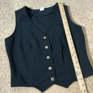 VTG Black Button Front Vest V-Neck Pointed Hem Dark‎ Academia Waistcoat 12 21717 thumbnail 2