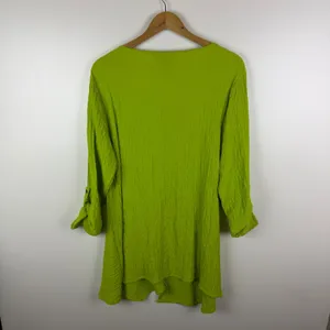 Ali Miles Womens‎ Lime Green Textured Button Accent Roll Tab Sleeve Tunic Top L thumbnail 4