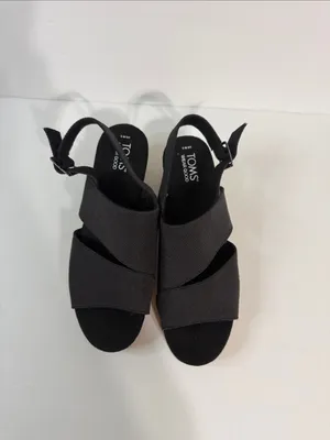 Toms Black Fabric Cork Wedge Sandals with Slingback thumbnail 2