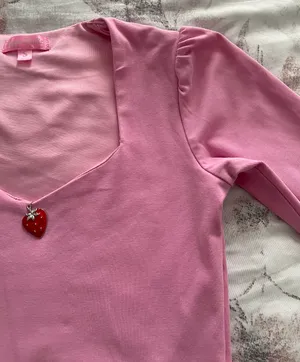 Dolls Kill Sugar Thrillz From Take A Bite Pink Strawberry Charm Flare Sleeve Crop Top, size S thumbnail 13