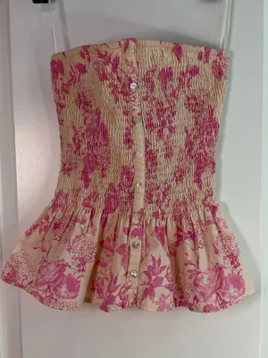 Olivaceous Pink Floral Smocked Strapless Peplum Top Size S thumbnail 1