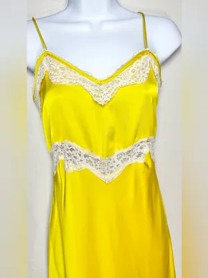 Zara Yellow Satin Finish Slip Dress with White Lace Trim Size Small thumbnail 6
