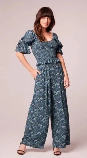 Band of the Free NWT Elise Floral Wide Leg Pull On Pants Deep Teal Aqua S thumbnail 1