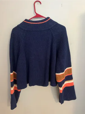 Free People Cropped Navy Stripe Half-Zip Turtleneck Sweater thumbnail 3
